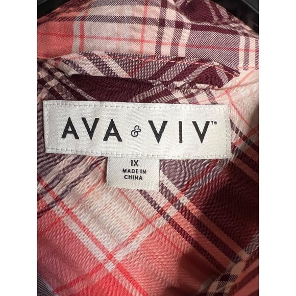 Ava & Viv Women's Plaid Button-Down Shirt Size 1X Long Sleeve Red-White-Brown - Picture 9 of 10